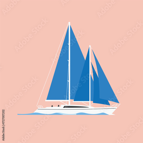 A white sailboat with two blue sails glides across the water.