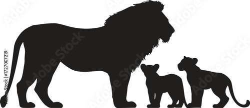 Black silhouette of a lion family with adult male lion and two cubs standing together in protective, majestic pose