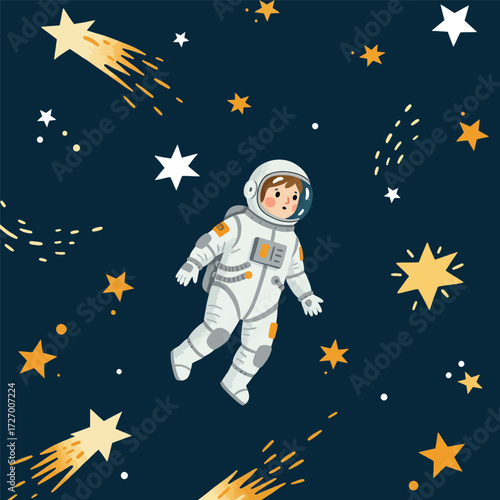 Cute cartoon astronaut floating in dark outer space with many yellow and white stars and bright shooting stars, a whimsical cosmic illustration.