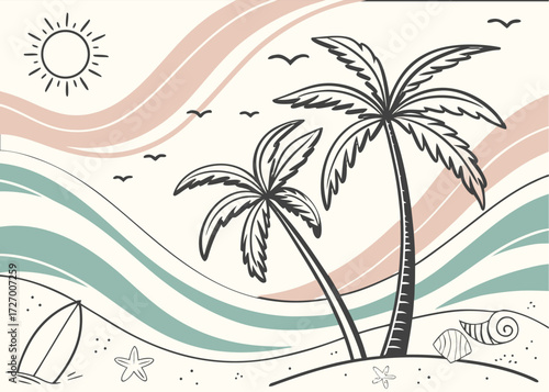 Tropical beach scene with palm trees, sun, waves and surfboard