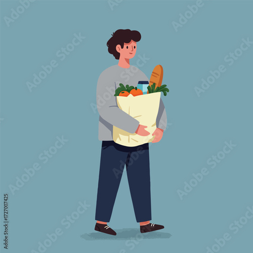 Illustration of a person carrying a paper bag filled with groceries, walking.