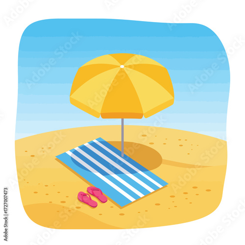 Beach scene with umbrella, towel, and flip-flops on sand under a blue sky.