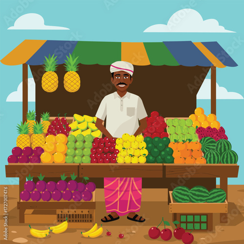 Illustration of a smiling Indian man selling a variety of fresh fruits at his outdoor market stand.
