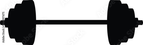 Black silhouette of barbell with symmetrical weight plates on both ends representing strength training, fitness, and gym equipment