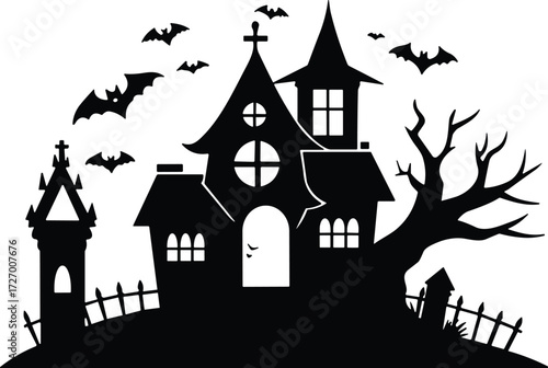 Black silhouette of haunted house with gothic architecture, twisted trees, bats, and eerie fence in Halloween horror scene