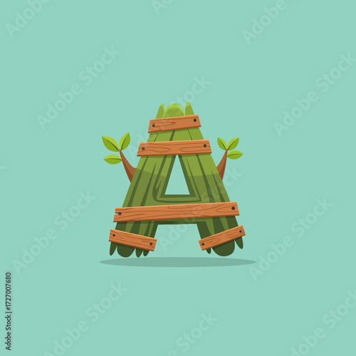 Cartoonish letter A crafted from green wood and leaves, reinforced with wooden planks, on a light blue background.