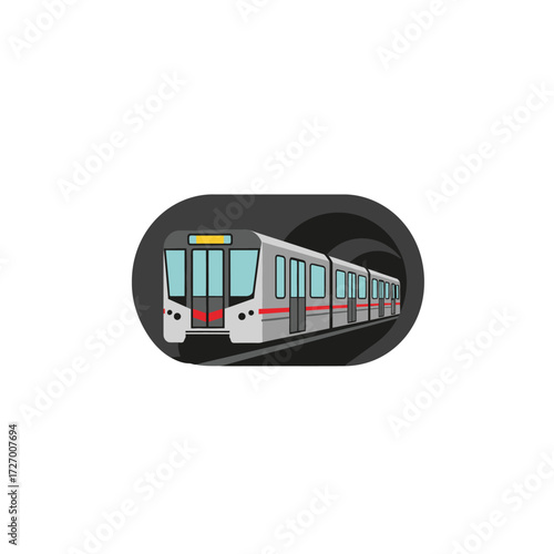 A modern subway train illustrated as a vector graphic, emerging from a dark underground tunnel.