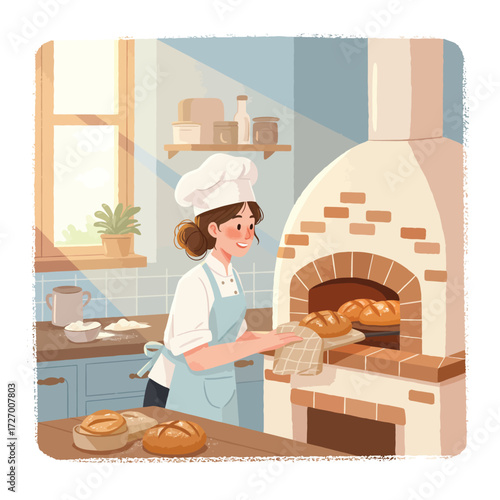 Baker taking bread out of a brick oven in a bright kitchen.