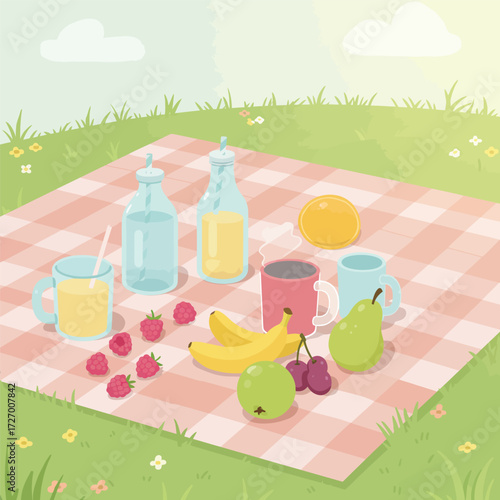 A charming cartoon illustration of a picnic spread on a red and white checkered blanket with various fruits and drinks on green grass under a sunny sky.