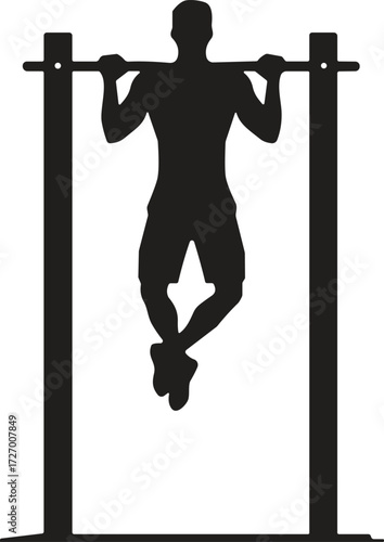 Black silhouette of person performing pull-up exercise on horizontal bar with chin above bar and legs crossed at ankles
