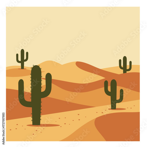 A minimalist illustration of a desert landscape with saguaro cacti and rolling sand dunes under a pale sky.