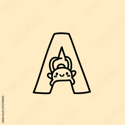 Cute cartoon character hanging upside down from a letter A with a kettlebell, simple line art illustration on a light background.