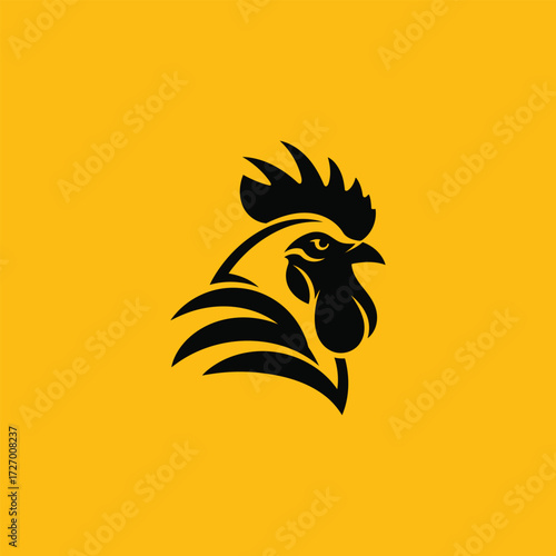 Fierce black rooster head mascot, a powerful cockerel graphic design emblem on a yellow background
