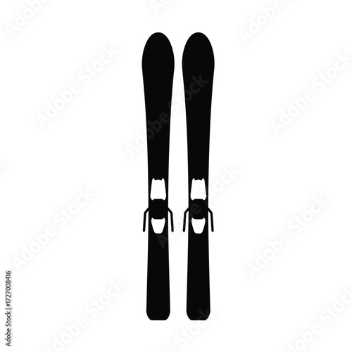 A pair of black alpine skis with bindings, depicted as a simple silhouette or vector icon, isolated against a plain white background.
