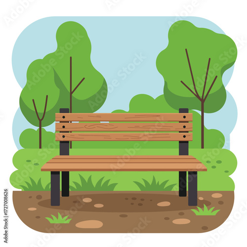 A wooden park bench sits in a grassy area with trees in the background under a blue sky.