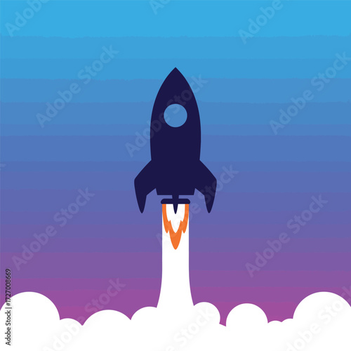 Minimalist flat design icon of a rocket launching into a gradient sky, representing a business startup or space exploration