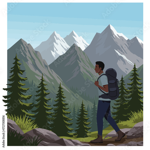 A person with a backpack hikes along a trail through a lush green valley with towering snow-capped mountains under a clear blue sky.