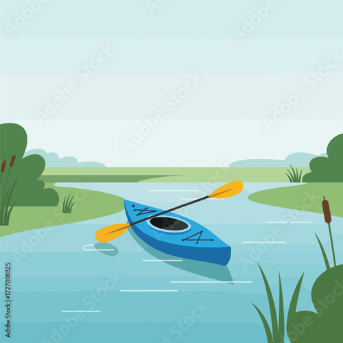 A vibrant illustration of a blue kayak with a paddle floating on a calm river surrounded by lush greenery.