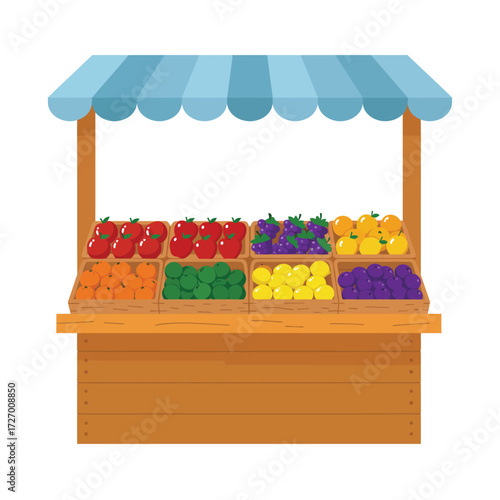 A vibrant vector illustration of a traditional farmers market stall, complete with a striped canopy and wooden crates of assorted fresh fruits and vegetables