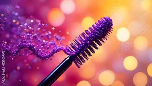 Purple mascara brush with glitter and bokeh lights in the background for beauty ads