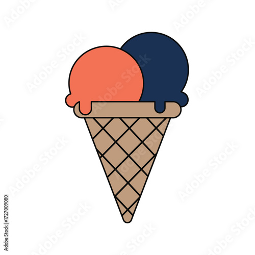 Two-scoop ice cream cone with orange and dark blue scoops.