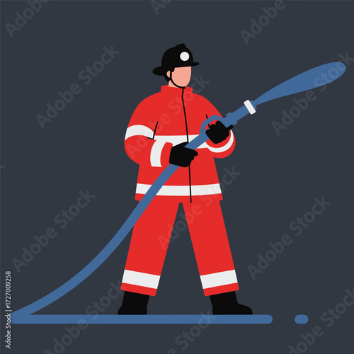 Brave firefighter character in a red uniform holding a water hose. Emergency services professional illustration isolated on a dark background