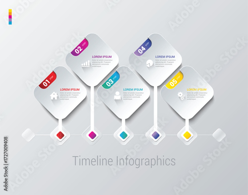 Modern infographic template with five diamond shapes connected by lines and colorful drops for business presentations and data visualization