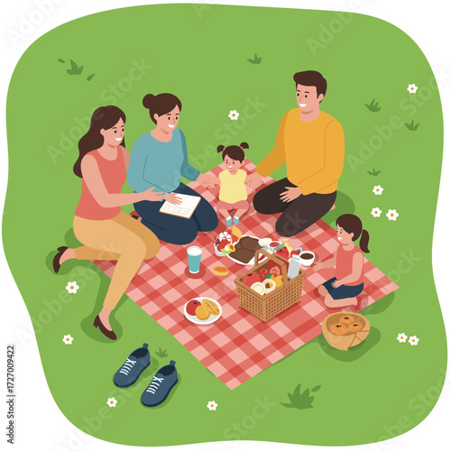 A happy family, including adults and young children, enjoys a delightful picnic on a red and white checkered blanket in a green grassy park.