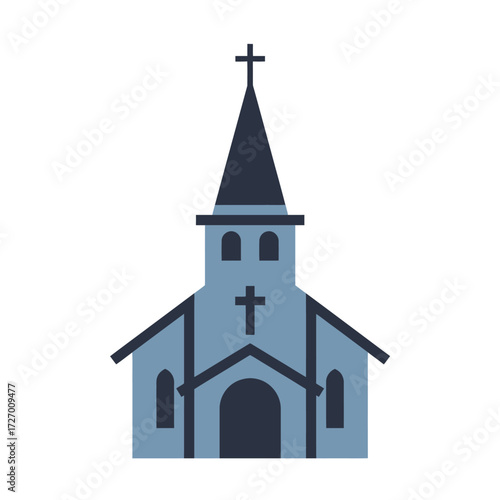 Stylized blue church building with a dark steeple and cross on a white background.