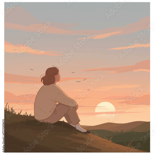 A solitary person sits on a grassy hill, peacefully watching the warm, serene sunset over distant rolling hills.