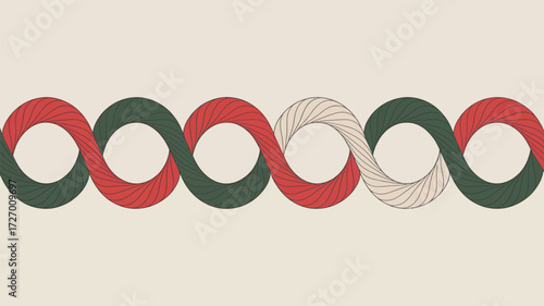 Abstract illustration of repeating red green and white infinity symbols interlocking on beige ground