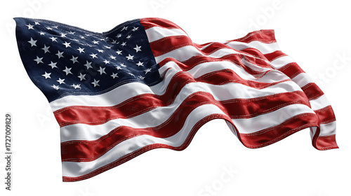 United States flag waving with deeper navy tones and brighter white stripes, isolated on transparent background.
