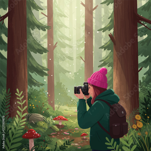 A person in a pink hat and green hoodie photographs a whimsical forest scene with red mushrooms and sunbeams.