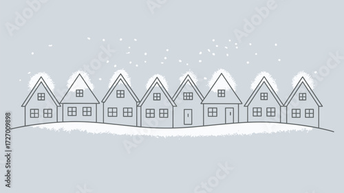 A row of houses with snow on the roofs and ground in a simple line drawing style on a gray background