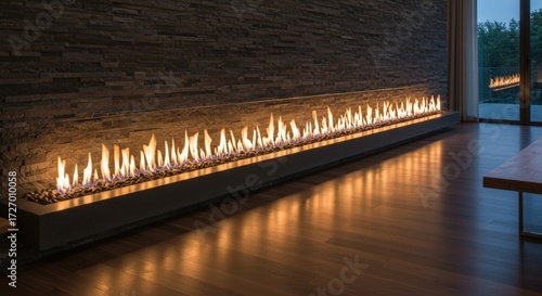 Long line fireplace with stone wall