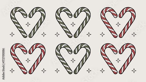 Pattern of candy cane hearts in red and gray with star accents on a light background in a repeating design