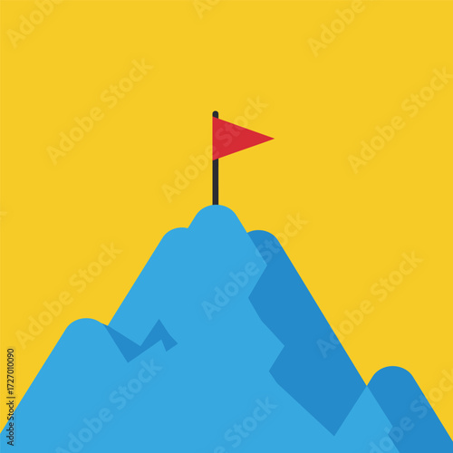 Illustration of a mountain peak with a red flag, symbolizing achievement and success.
