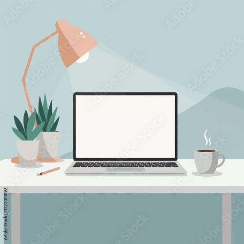 A laptop on a desk with a lamp, plants, and a cup of coffee.