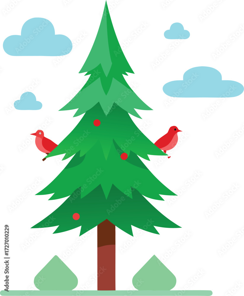 Obraz premium Spruce tree with small birds color icon