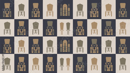 Checkerboard pattern with stylized nutcracker and toy soldier figures in muted brown and blue tones