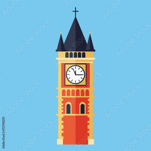 Illustration of a clock tower with a black spire against a blue background.