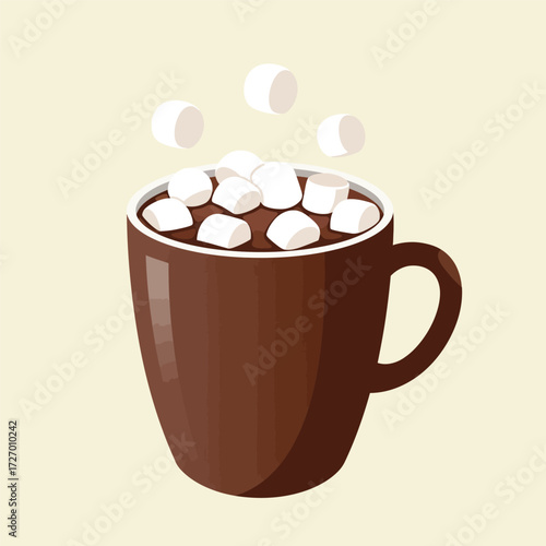 Hot chocolate with marshmallows in a mug, steaming.