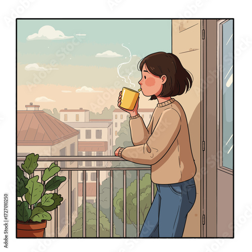 A young woman with short hair enjoys a hot drink from a yellow mug on her apartment balcony, looking out over the city.