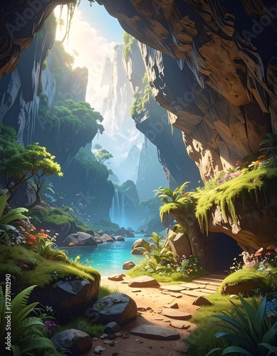 Lush cave with sunlight
