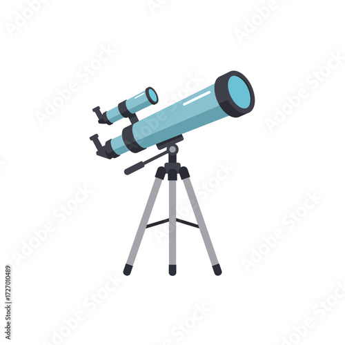 Vector illustration of a blue astronomical telescope on a tripod mount, isolated on a white background for science and hobby concepts