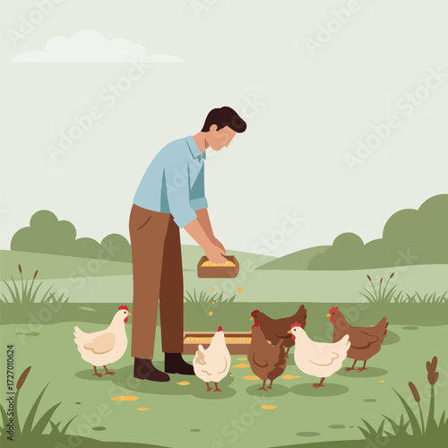 A man feeding chickens in a grassy field.