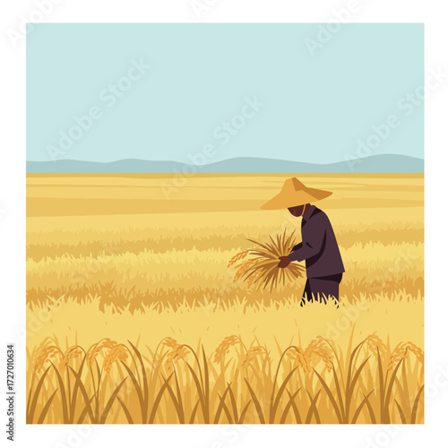 A farmer wearing a traditional conical hat harvests golden grain by hand in a vast, sunlit rural field.