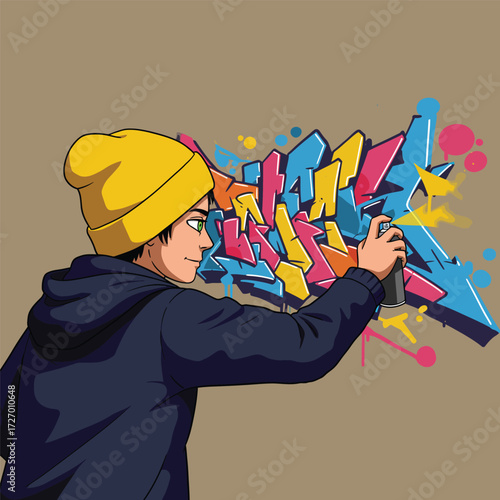 A young person wearing a yellow beanie and a dark hoodie sprays colorful graffiti art onto a wall.