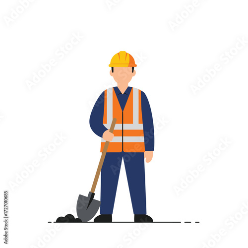 Illustration of a construction worker wearing a safety vest and helmet holding a shovel.