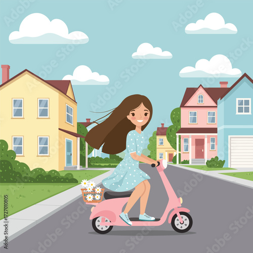A cheerful young woman with long brown hair rides a pink scooter with a basket of flowers down a suburban street lined with colorful houses under a cloudy sky.